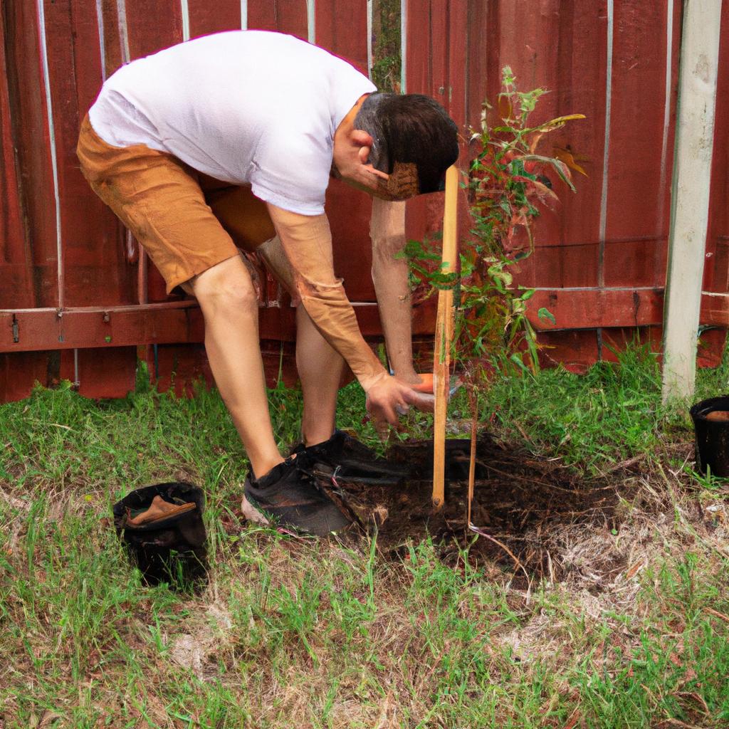 A person digging a hole to plant a young apple tree in their backyard