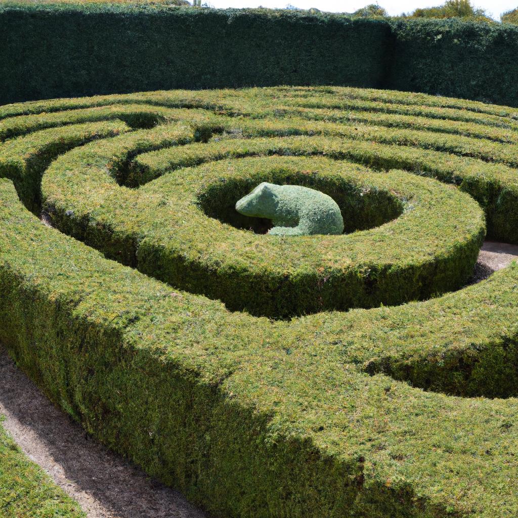 The whimsical animal-shaped hedges in this hedge maze add a touch of playfulness to its design.