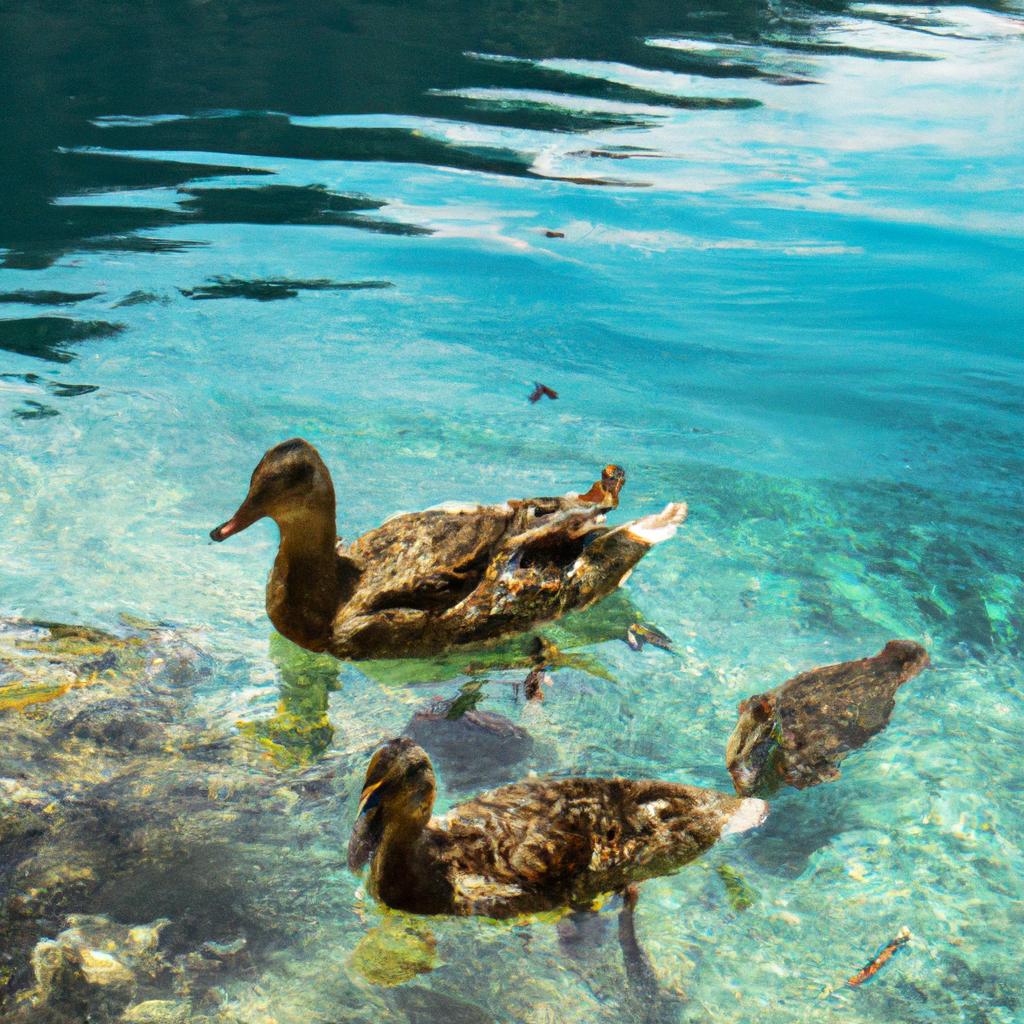 Wildlife abound at Plitvice Lakes Park, with ducks swimming in the crystal-clear waters