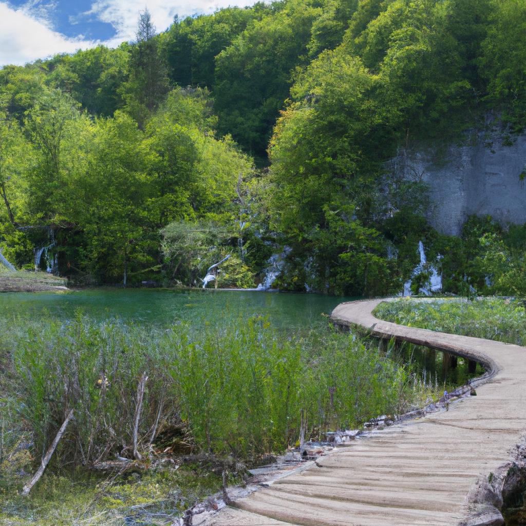 Cross over the serene waters of Plitvice Lakes Park on the charming wooden bridges