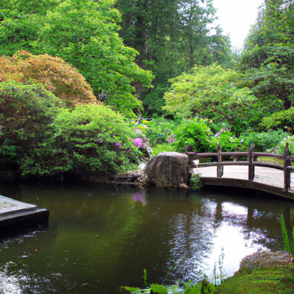 The pond and the bridge add a focal point to the photo and create a sense of tranquility.