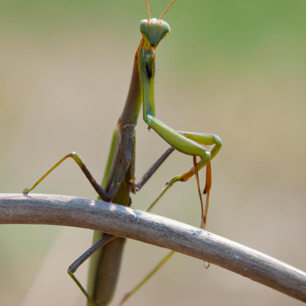 A brown praying mantis is clinging onto a stick in a garden
