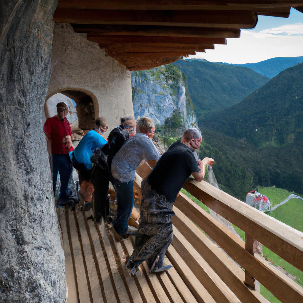 The castle's balcony offers a stunning view of the Slovenian landscape.