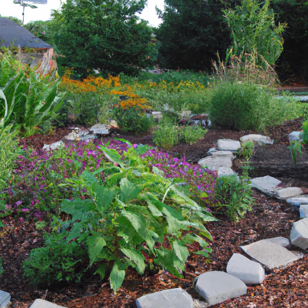 A garden that features a rain garden to capture and filter stormwater runoff for conservation purposes.