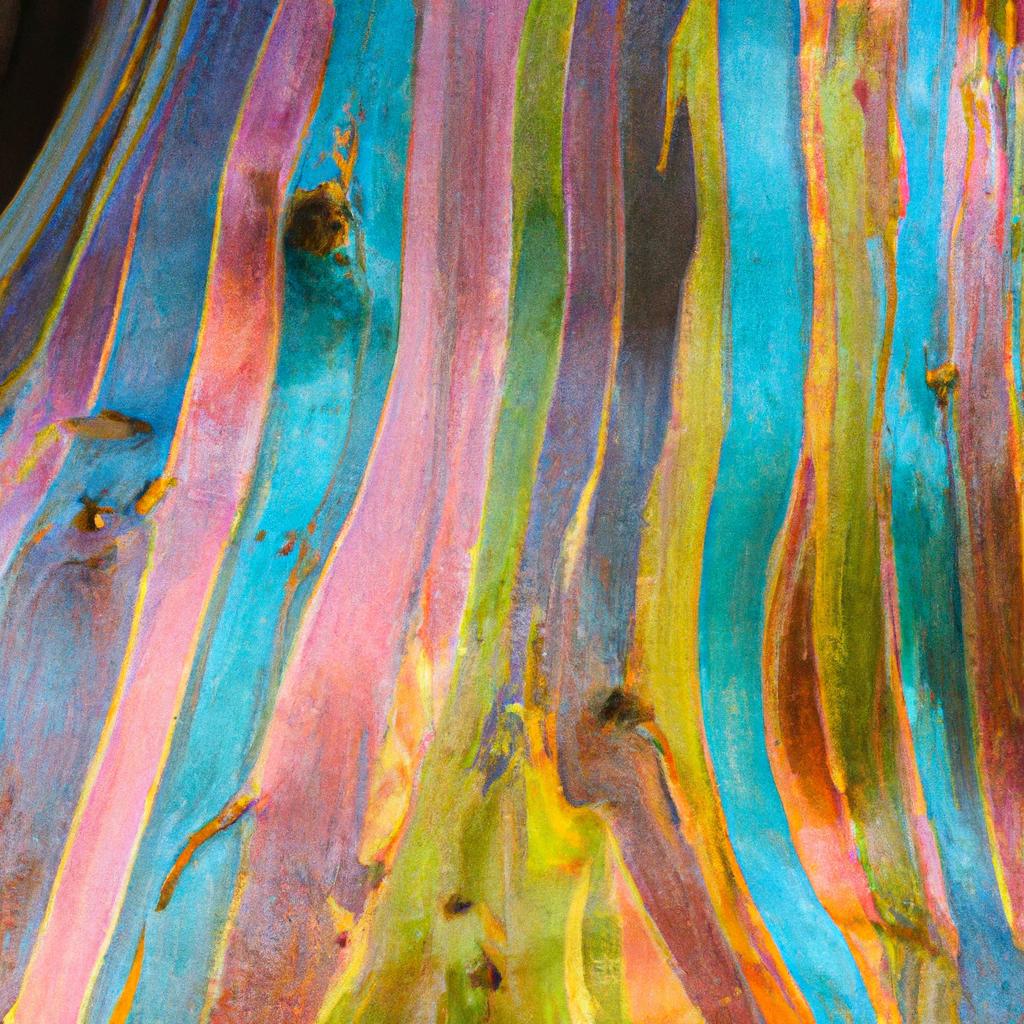 The rainbow eucalyptus tree's bark is a stunning display of colors, ranging from bright green to deep maroon.
