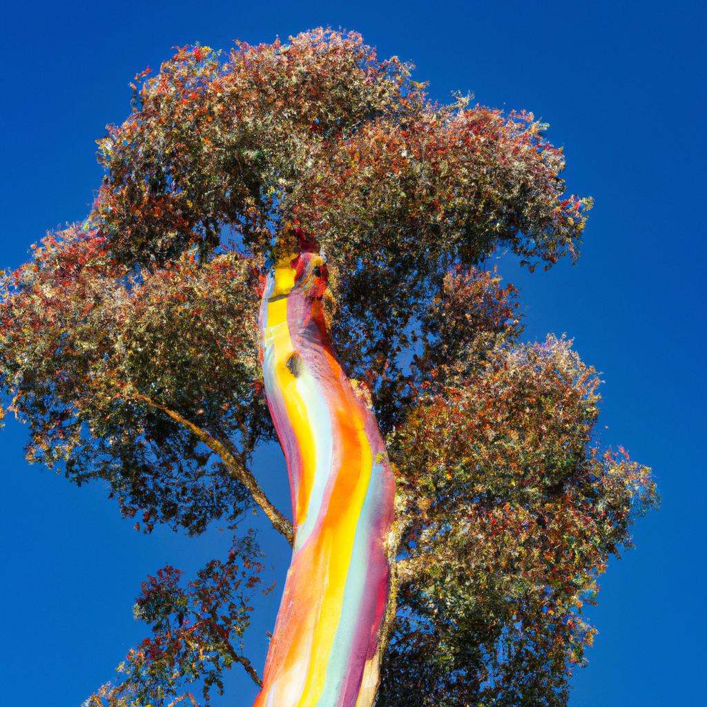On a clear day, the rainbow eucalyptus tree's colors are even more vibrant against the blue Hawaiian sky.