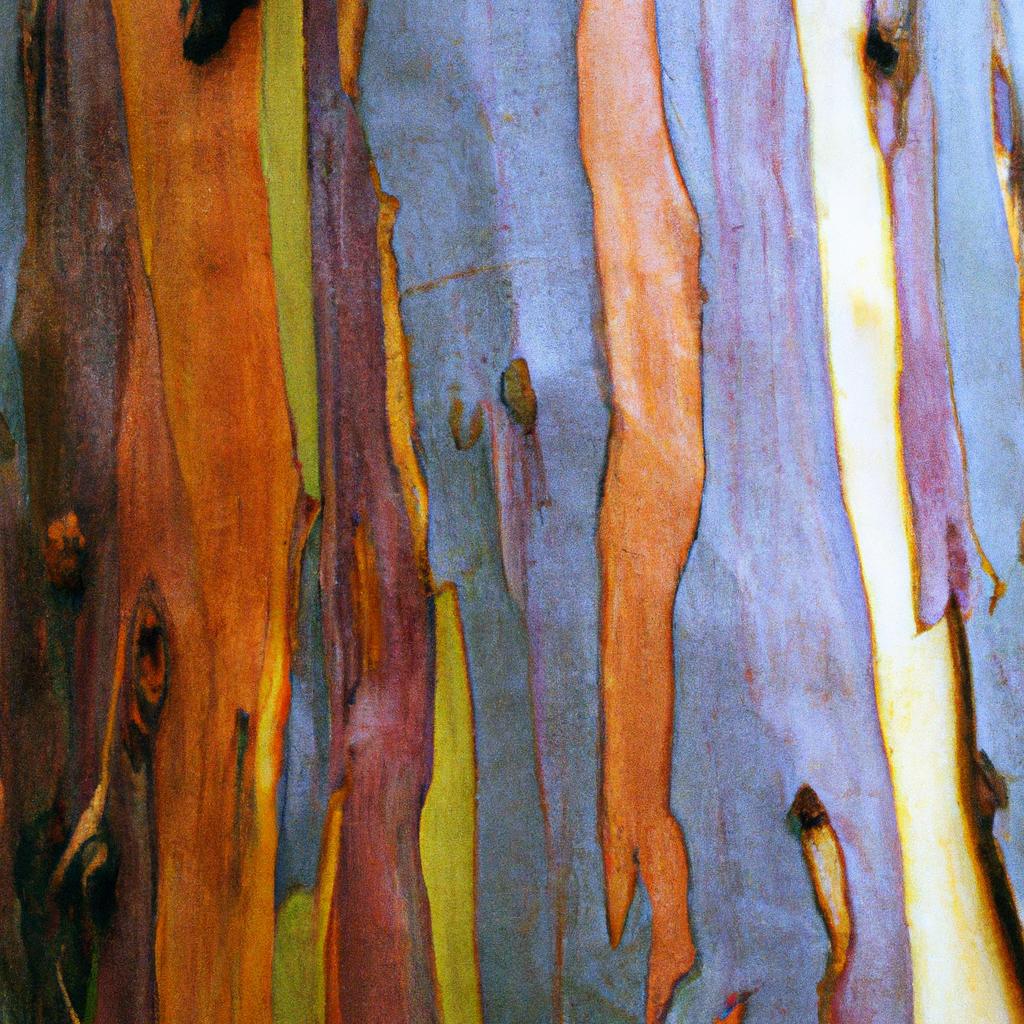 The bark of Rainbow Eucalyptus trees peels off in strips, revealing a range of colors underneath.