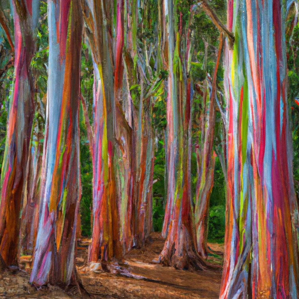 The leaves of Rainbow Eucalyptus trees are a dark green color, providing a striking contrast to the bright bark.