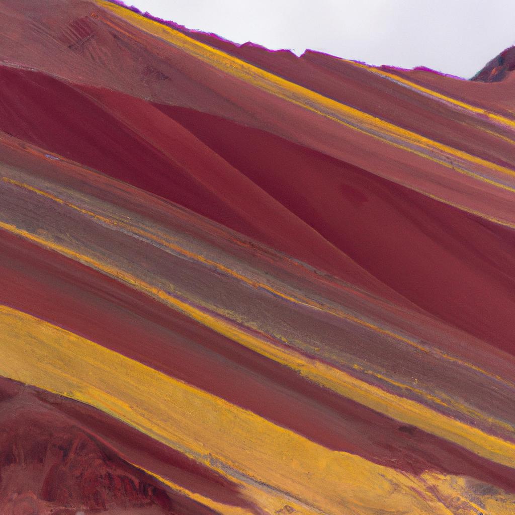 A close-up shot of the vibrant red, orange, and yellow layers of Rainbow Mountain's slopes