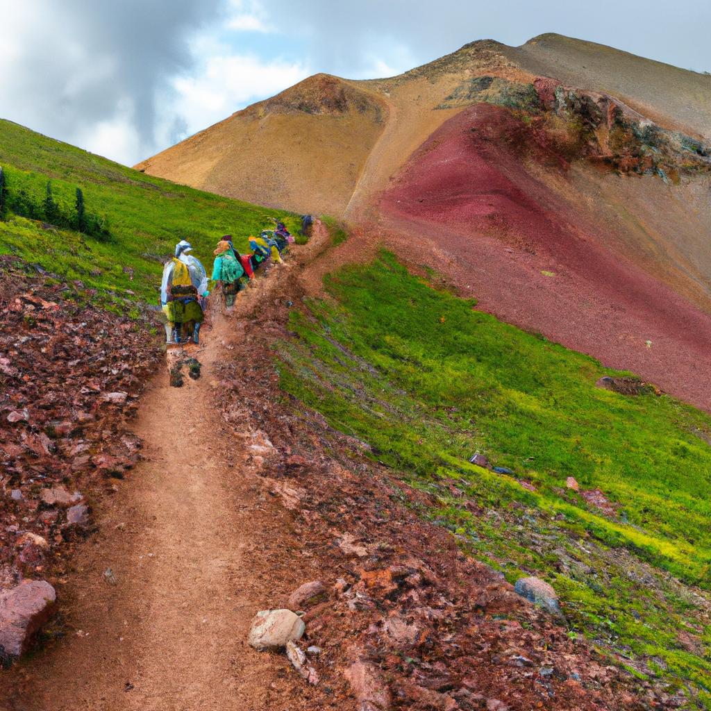 Hikers exploring the colorful Rainbow Mountain trail amidst lush greenery