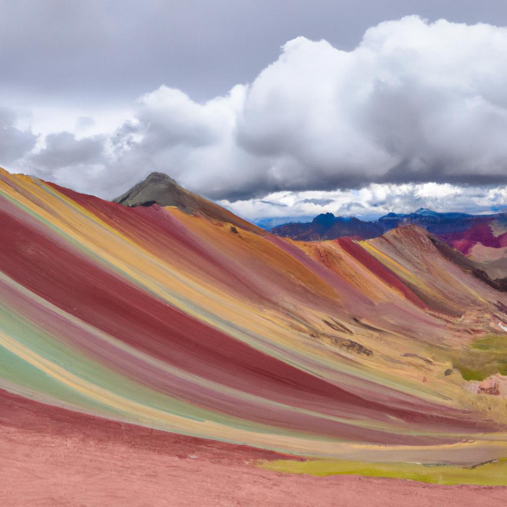 A panoramic view of Rainbow Mountain's multi-colored slopes with clouds hovering above