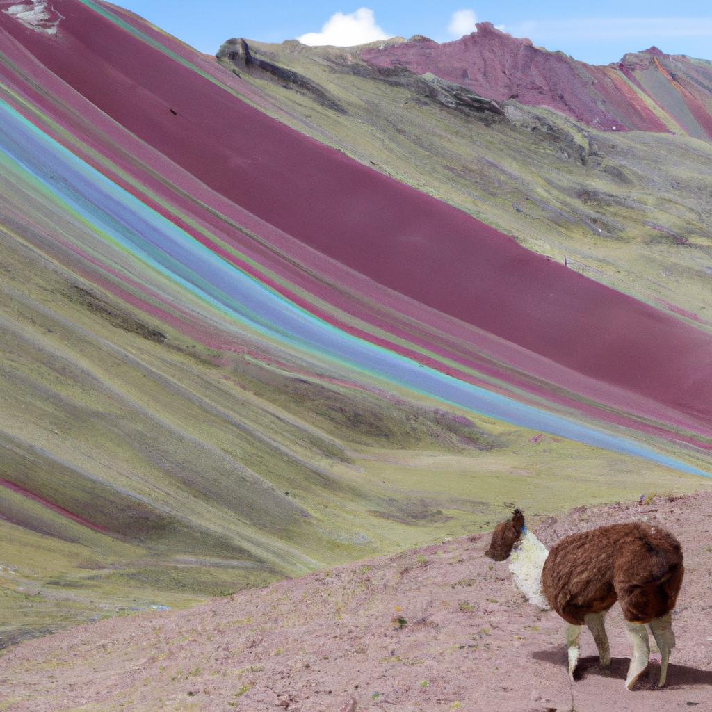 The Rainbow Mountains in Peru are not only visually stunning but also home to various wildlife, including llamas.