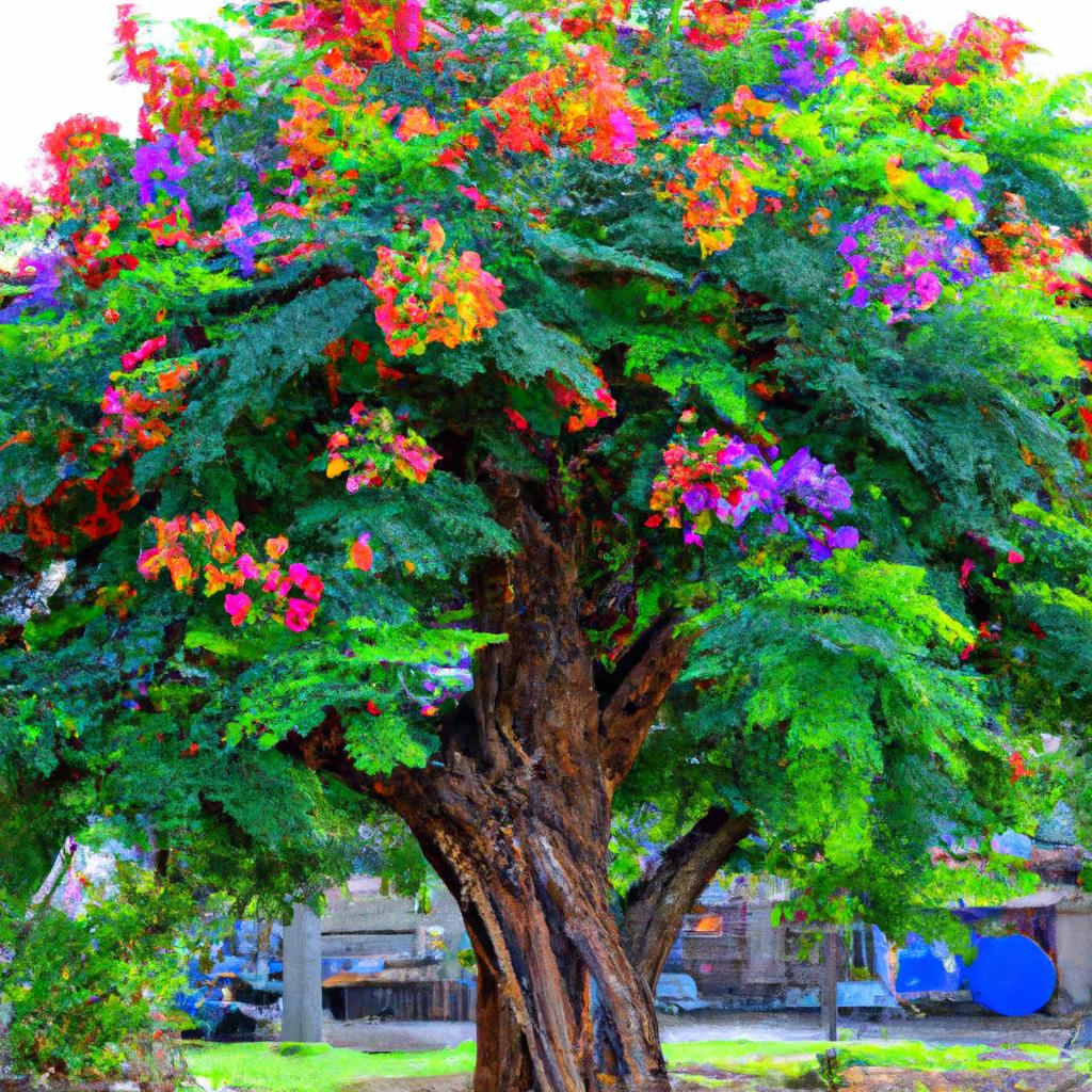 The rainbow tree Hawaii is often accompanied by an array of colorful flowers at its base.