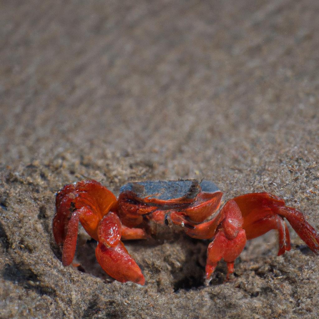Red crab digging into the sand