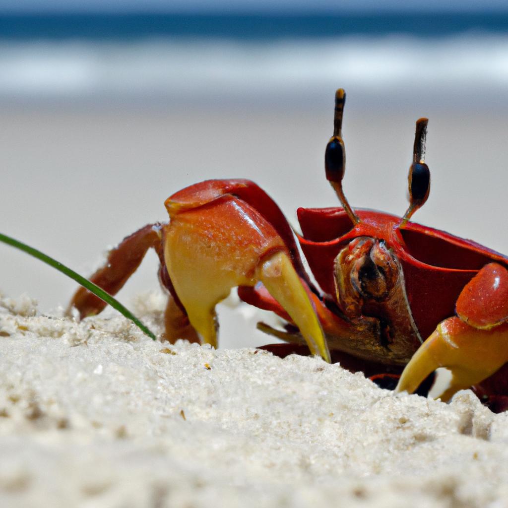 A red crab creating a burrow in the sand on an Australian beach for shelter and protection.