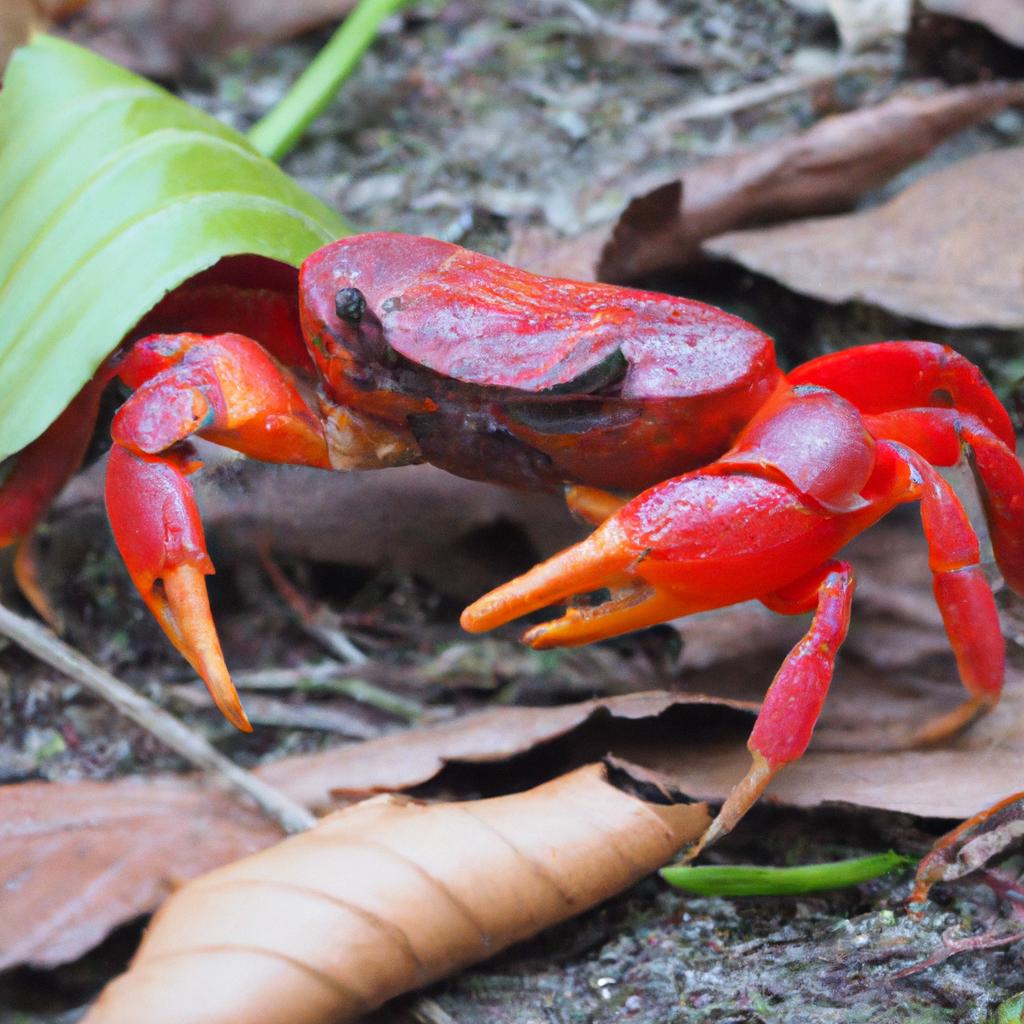 A red crab taking advantage of the abundance of fallen leaves on the rainforest floor for its diet.