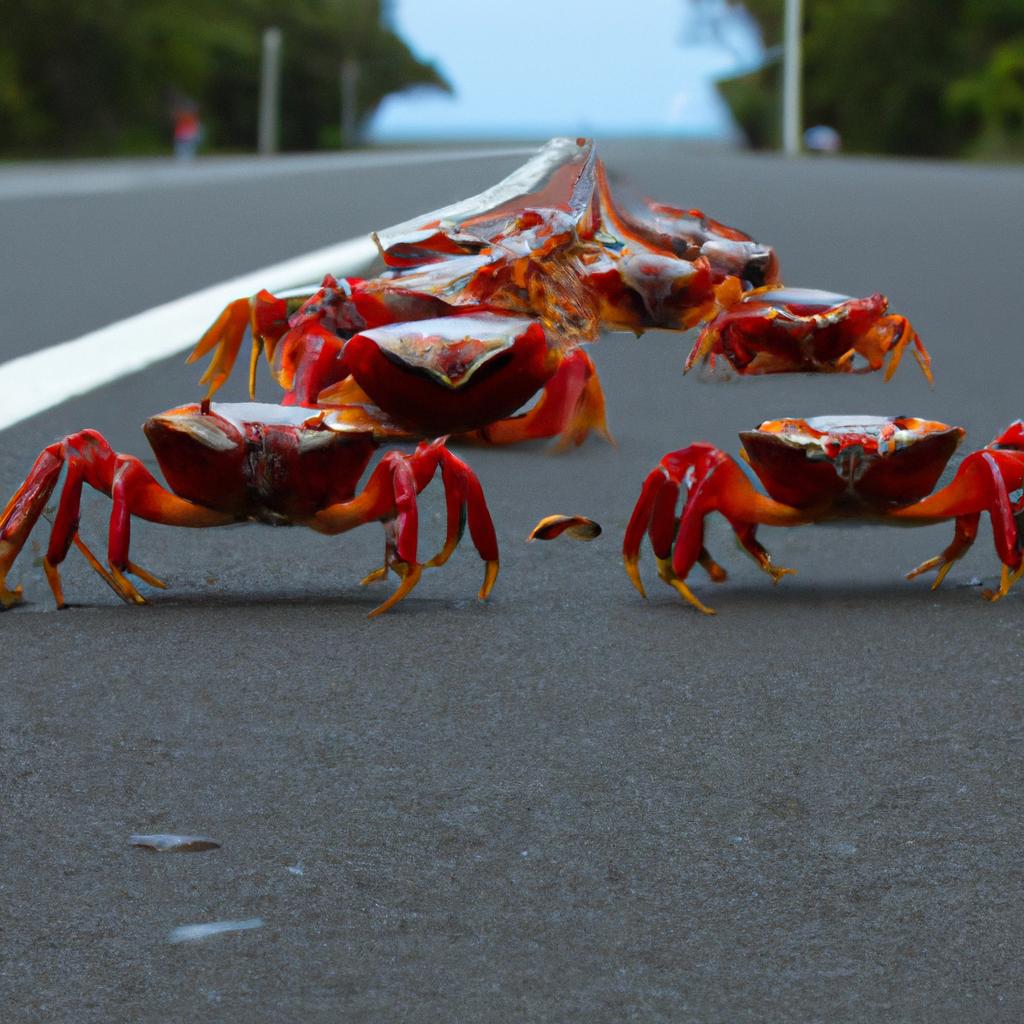 During migration, red crabs travel from the forest to the coast to mate and spawn in the sea.