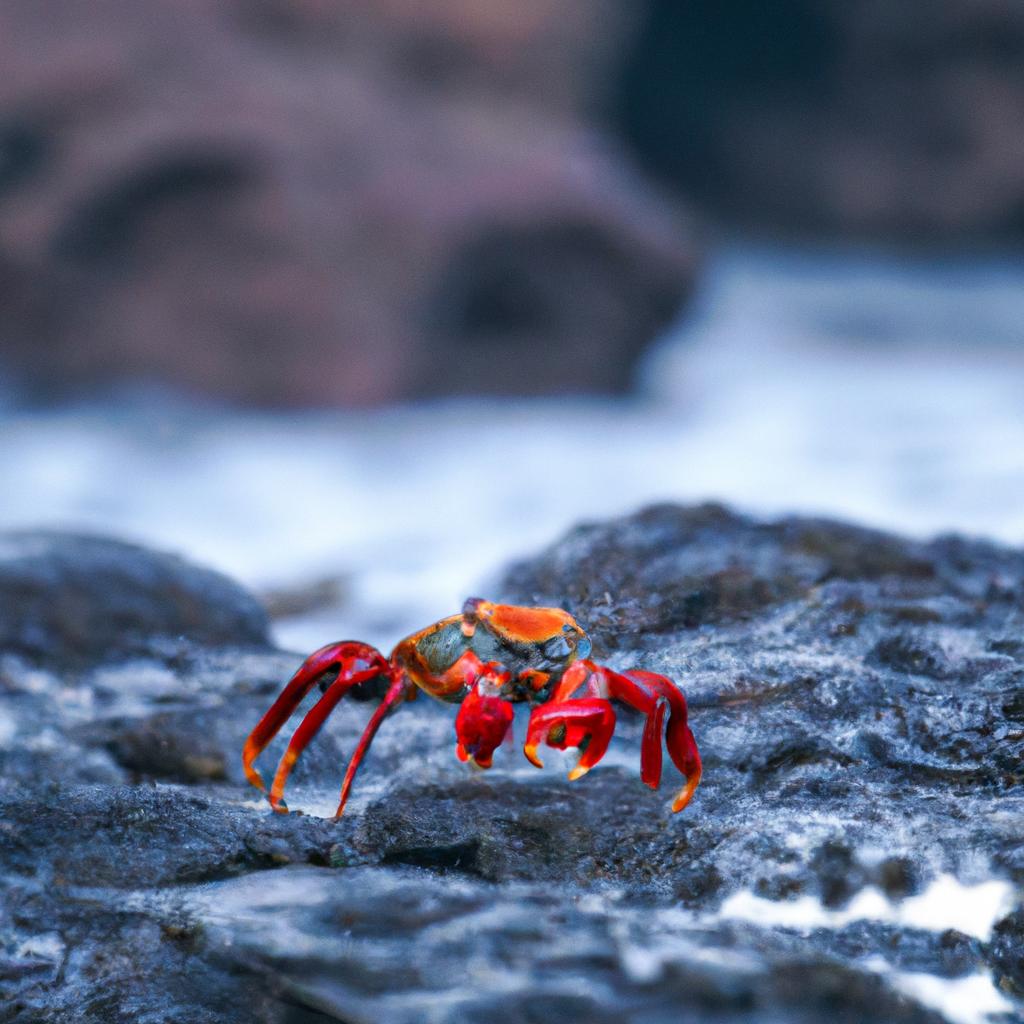 A red crab moving quickly across the rugged terrain of an Australian shoreline.