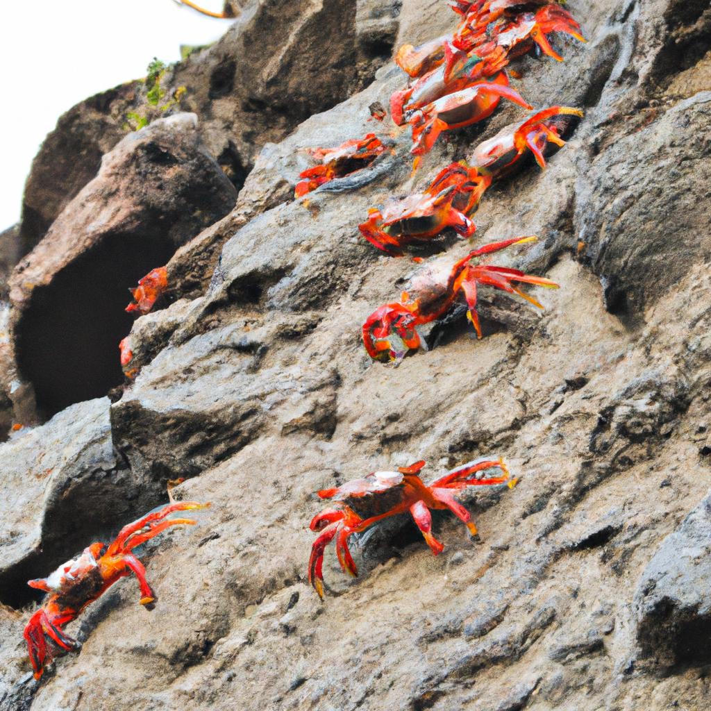 Red crabs scaling a rocky hill