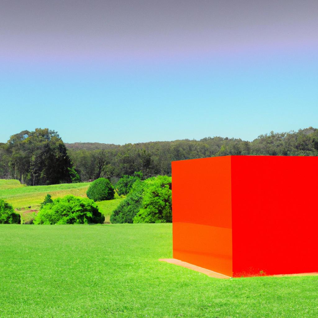 The striking red cube sculpture at Gibbs Farm is a popular photo spot among visitors.