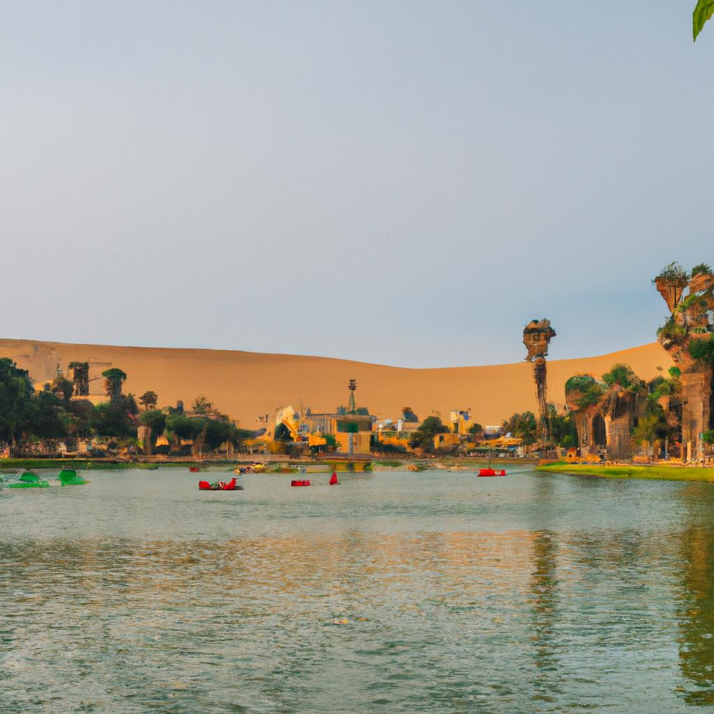 The peaceful lagoon of Huacachina surrounded by palm trees