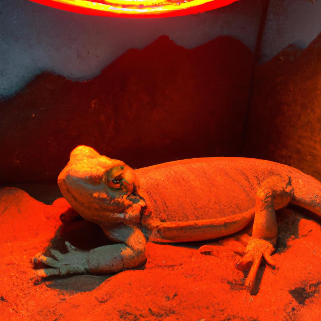 A contented reptile staying entertained while basking under a heat lamp
