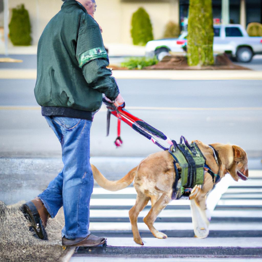 The service dog leading the way for his veteran across a busy street.