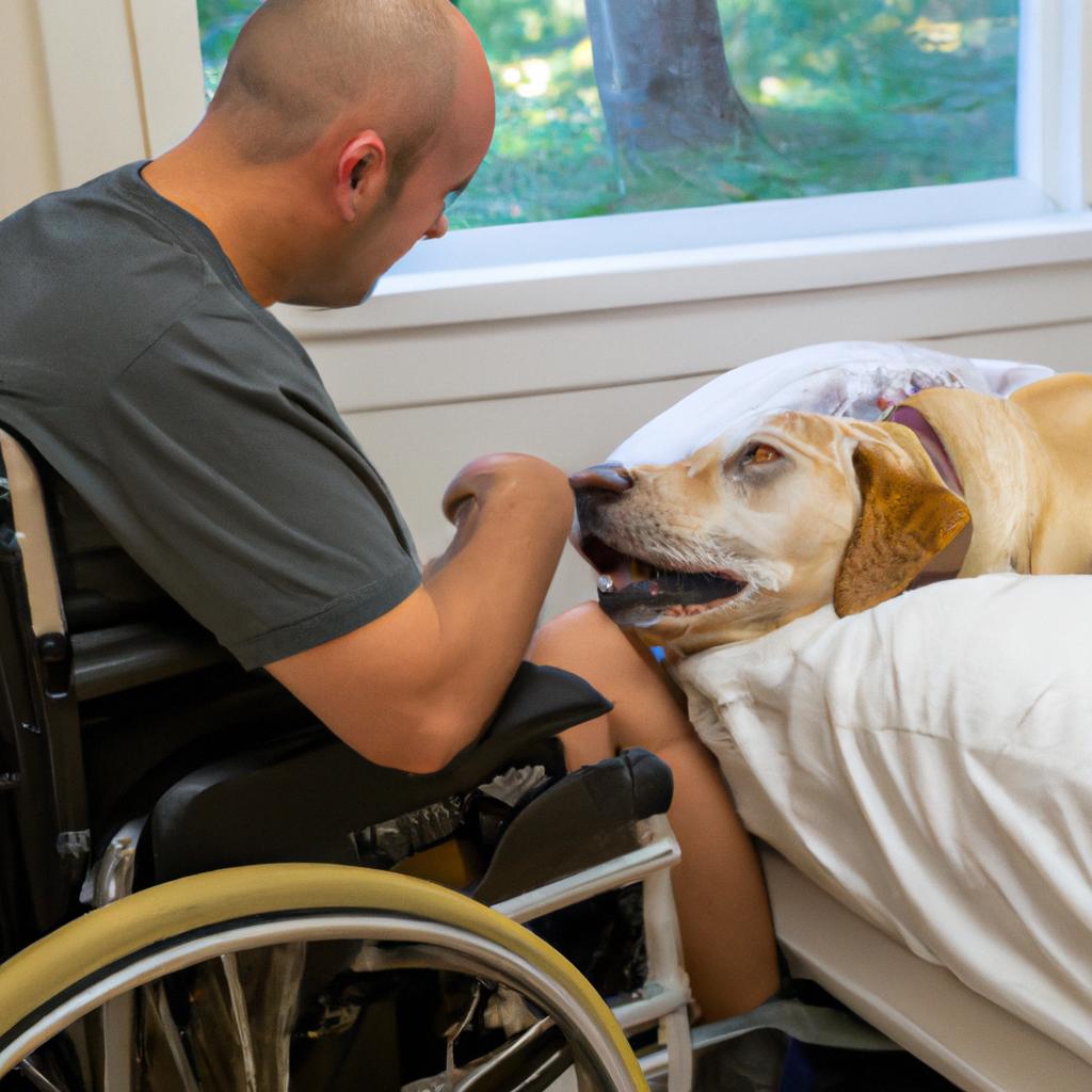 The service dog providing comfort to his veteran by waking him up from a bad dream.