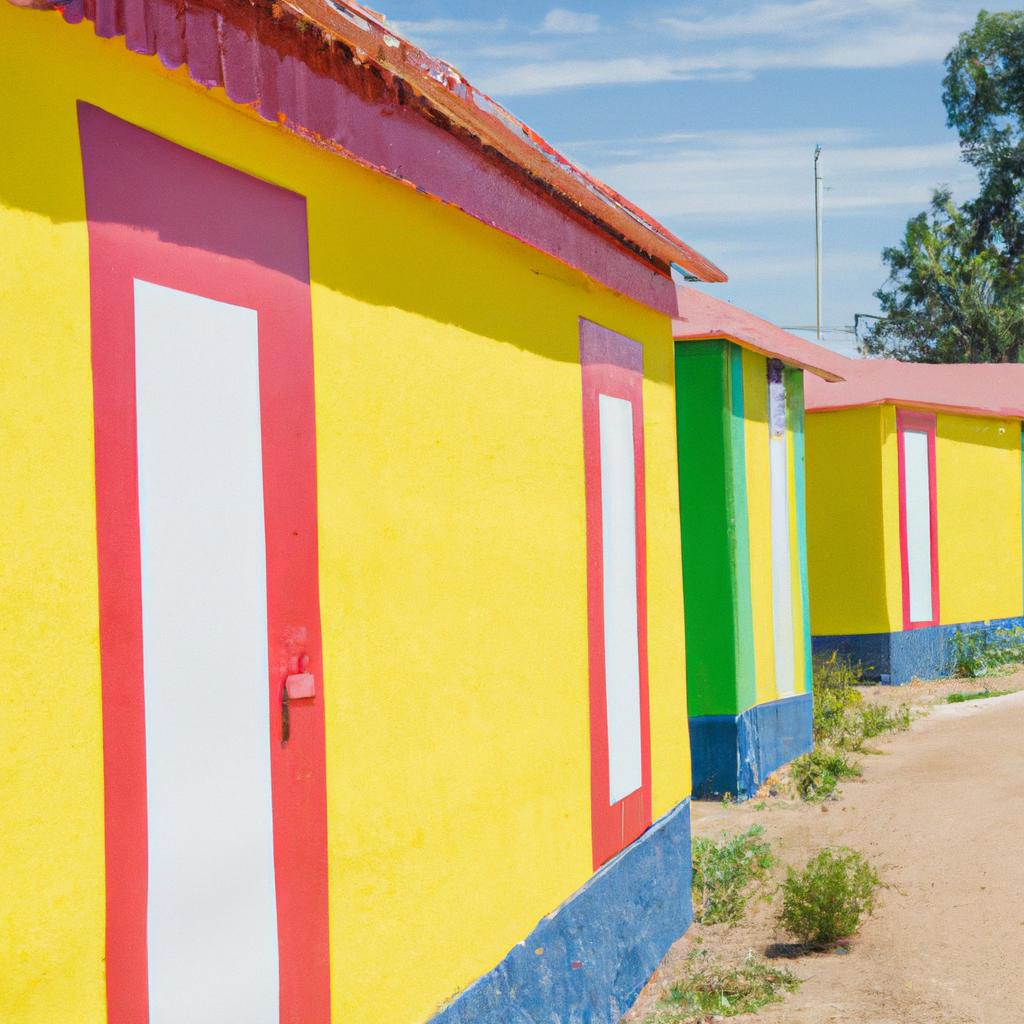 Row of brightly painted houses in an African village.