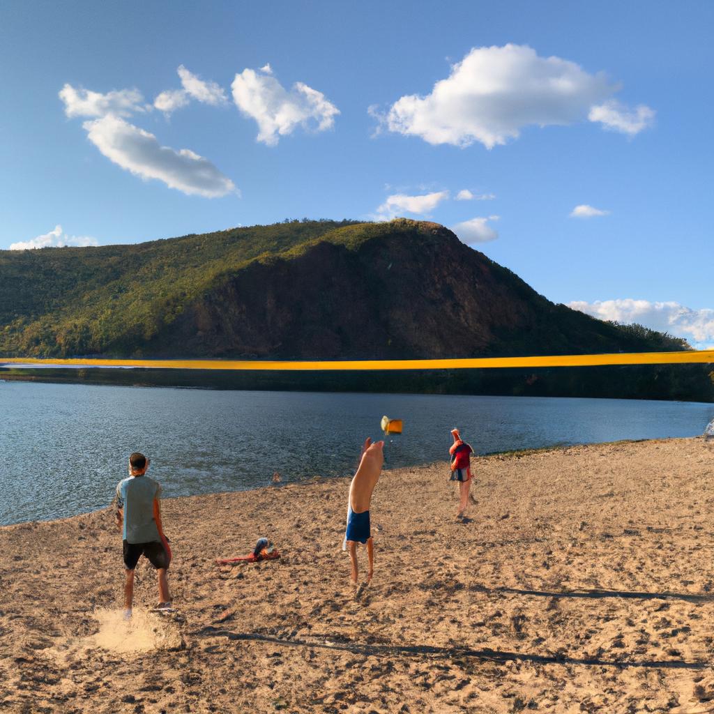Family playing beach volleyball surrounded by stunning views of a Russian beach.