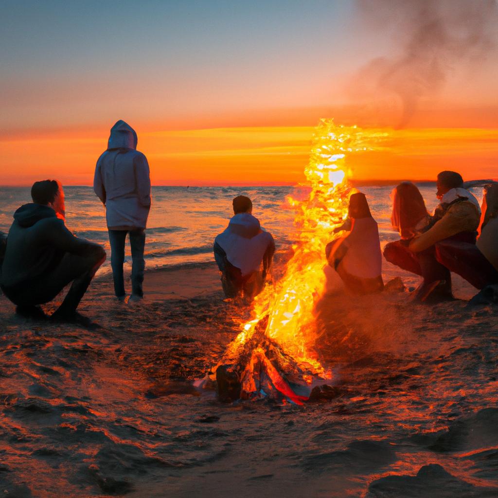 Friends having a bonfire and watching the sunset on a Russian beach.
