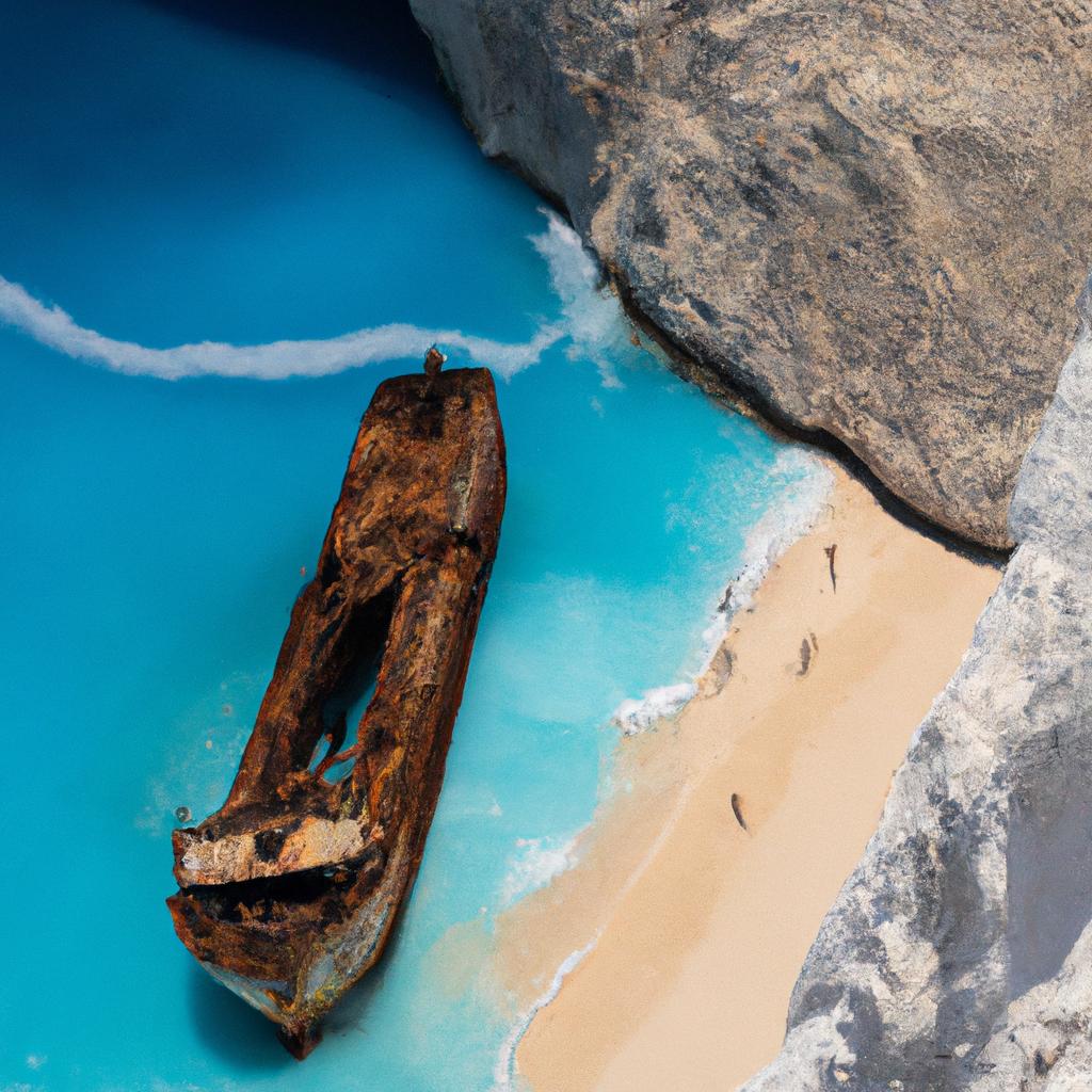 The iconic shipwreck on Navagio Shipwreck Beach is a popular spot for taking photos and enjoying the stunning views.