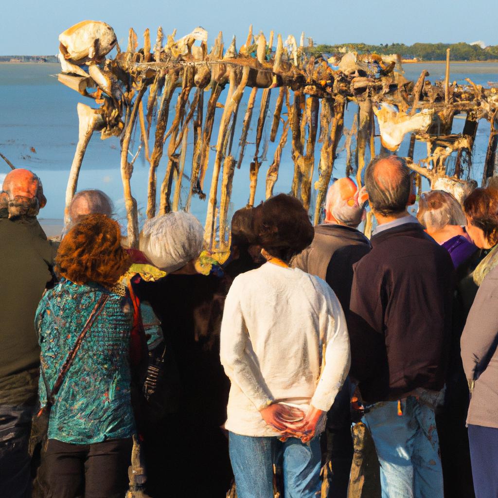 A group of local residents observing the Saint Brevin les Pins skeleton and discussing its historical significance