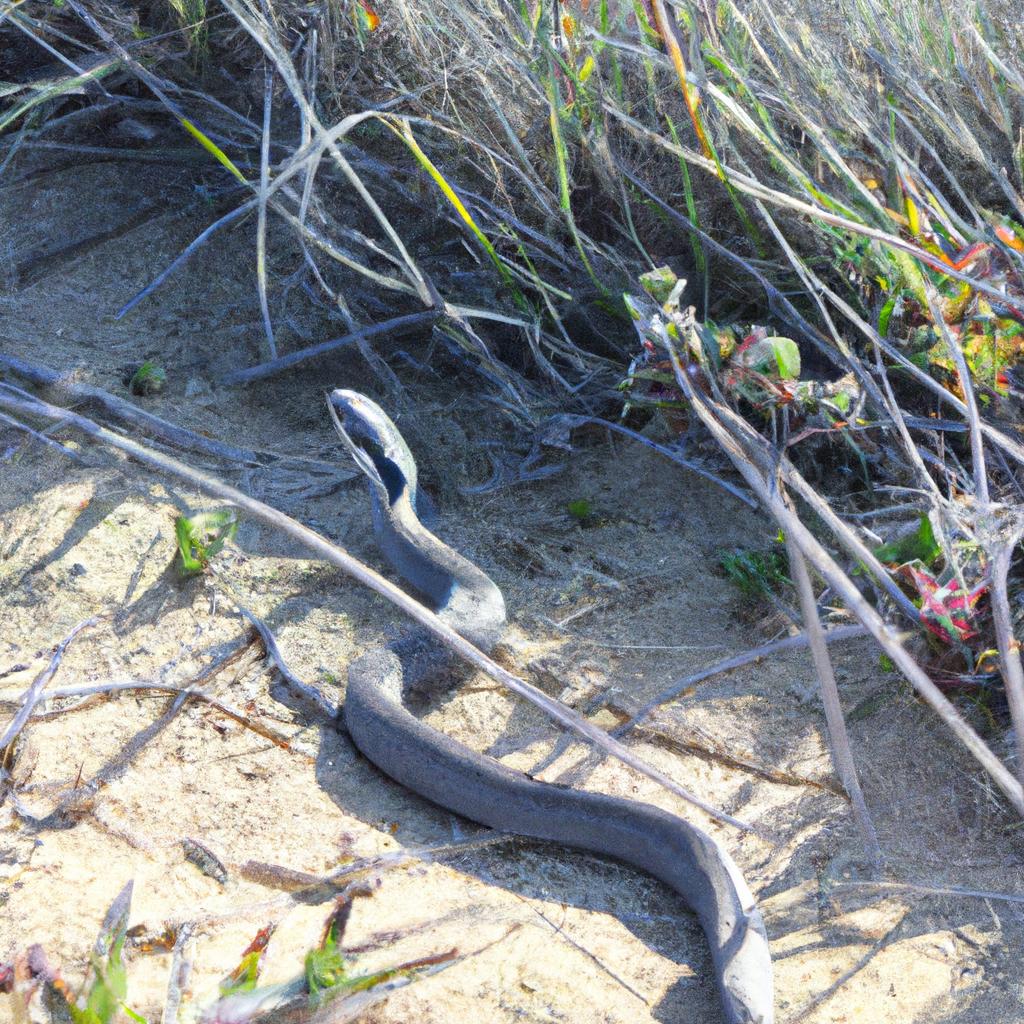 The serpent is known to sunbathe on rocks near the shore, warming its cold-blooded body.