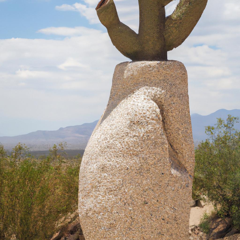 A cactus statue made of sandstone stands firmly in the arid desert landscape