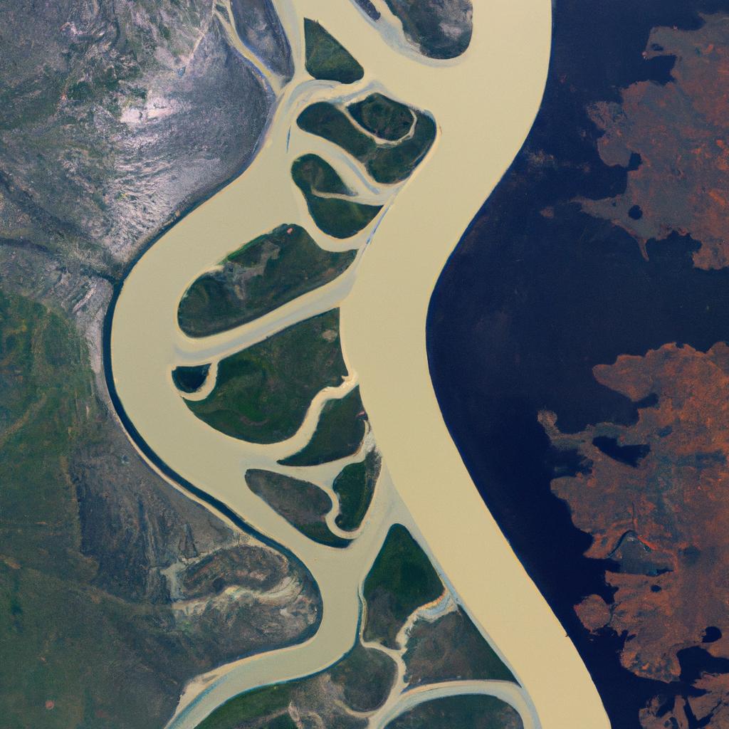 A satellite view of a delta where a river meets the ocean, captured by Google Earth