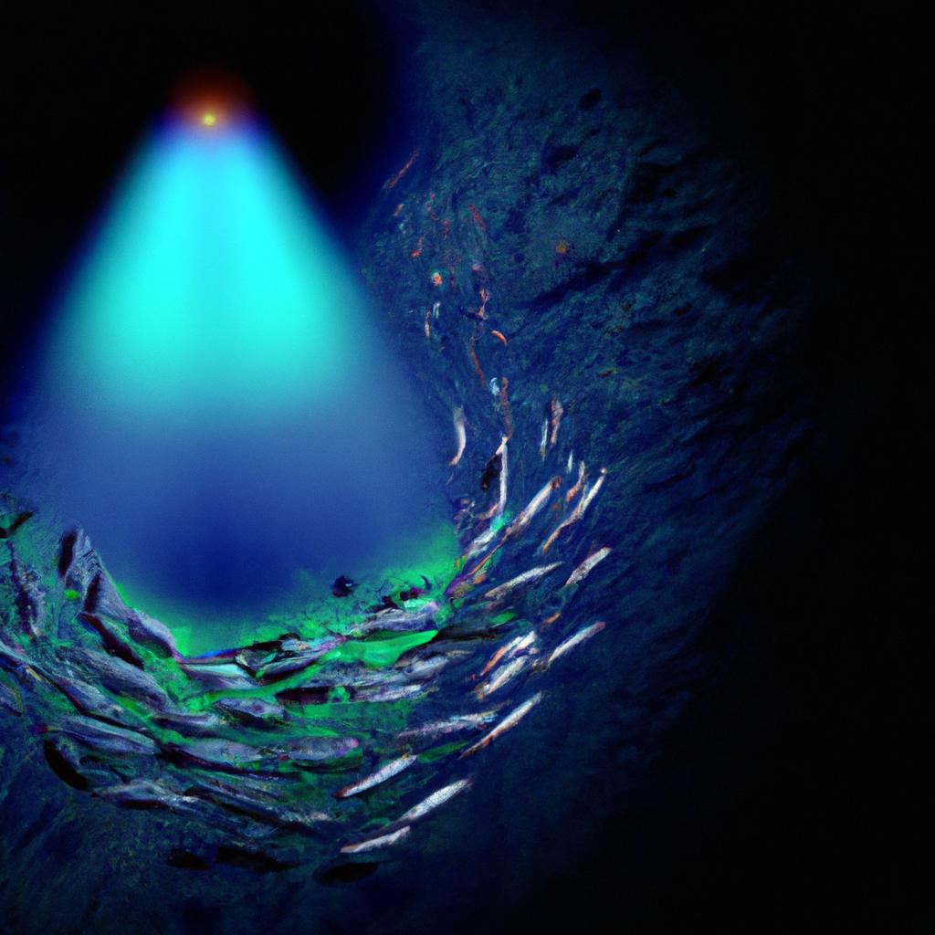 A school of fish swimming around a glowing object in the abyss.