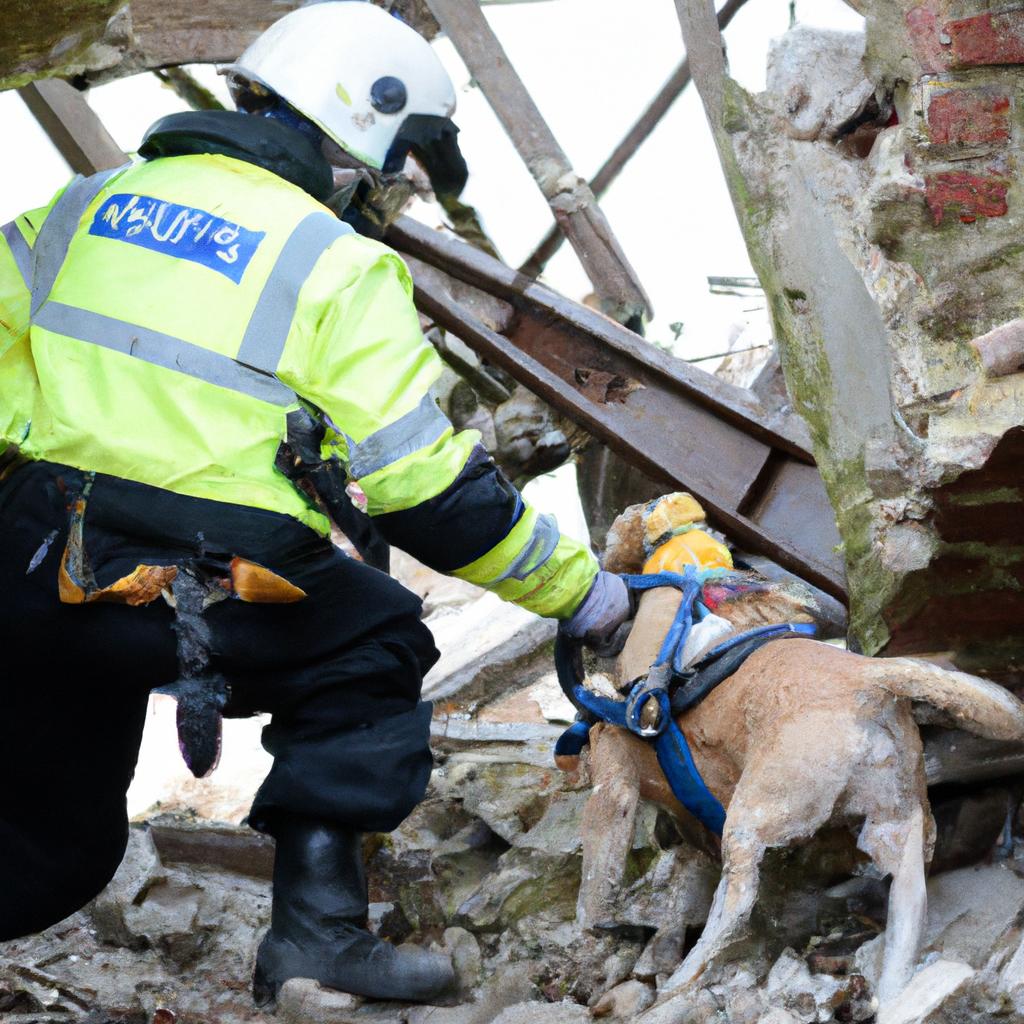 The search and rescue dog and its handler work together to thoroughly search through the rubble for any signs of life.