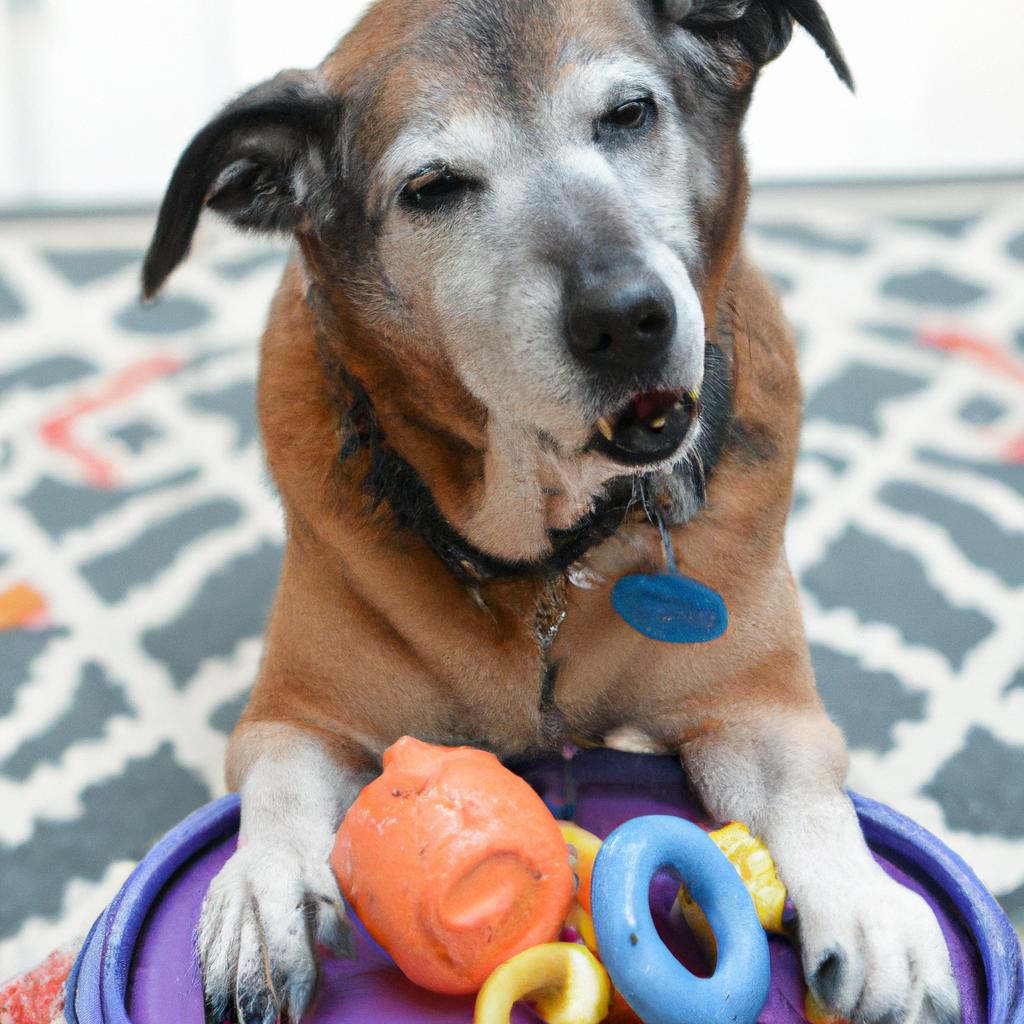 This senior rescue dog loves its new toys and enjoys playing with them every day.
