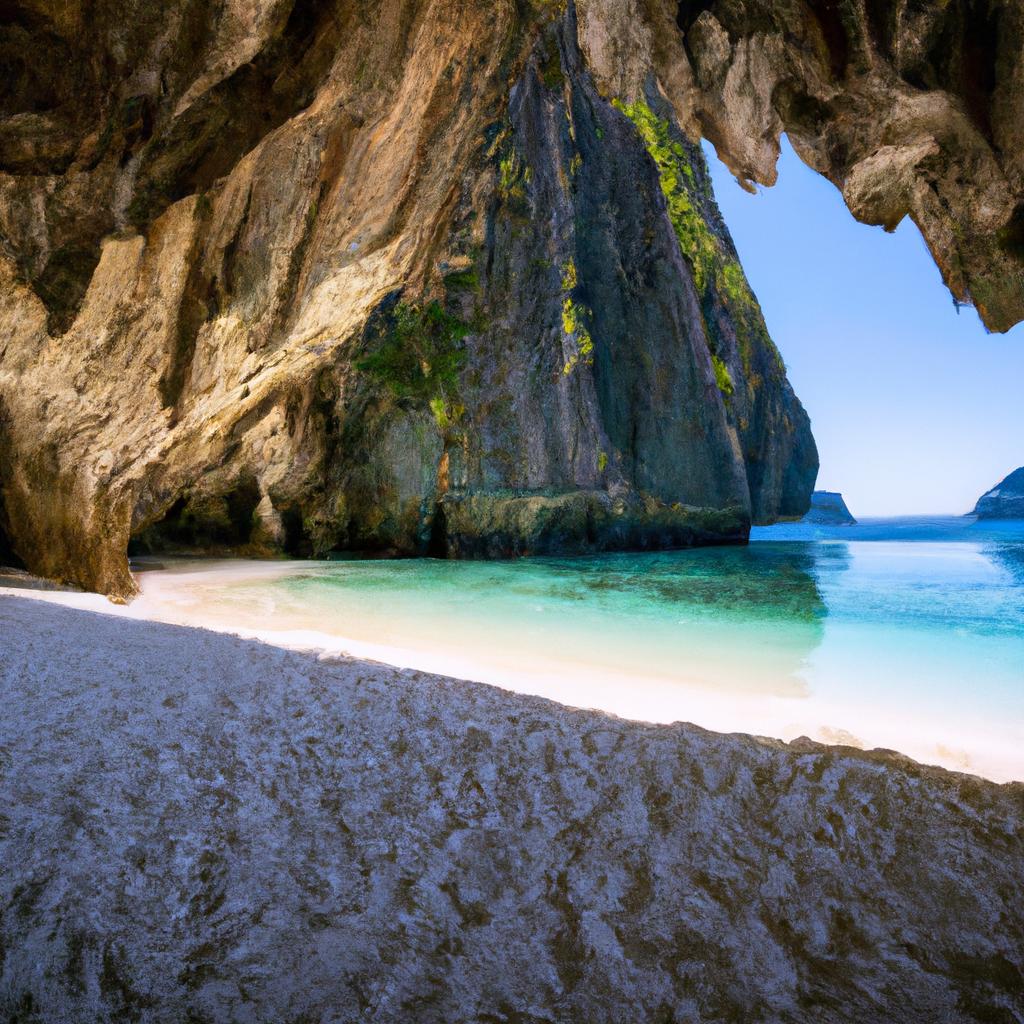 Step into a magnificent cave to find a serene beach with white sand and turquoise water.