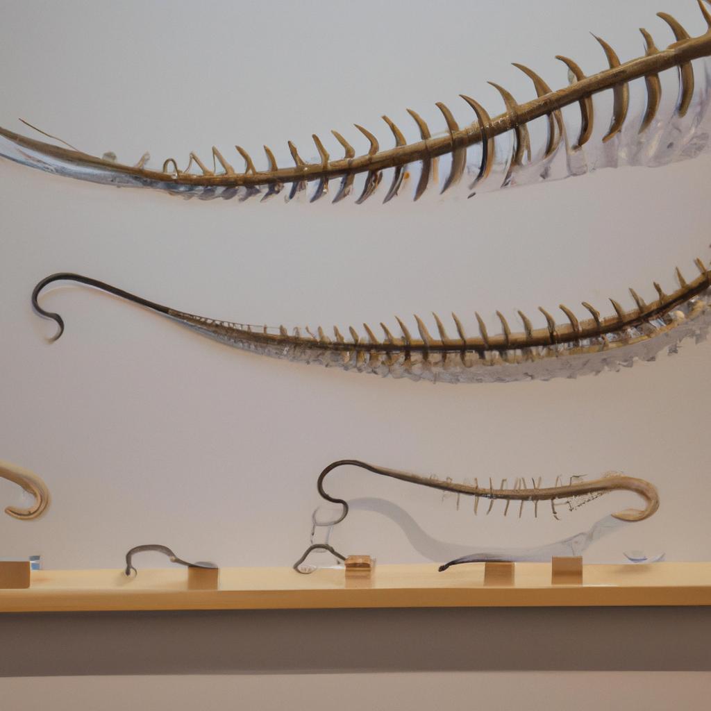 A display featuring a variety of serpent skeletons from different species and regions