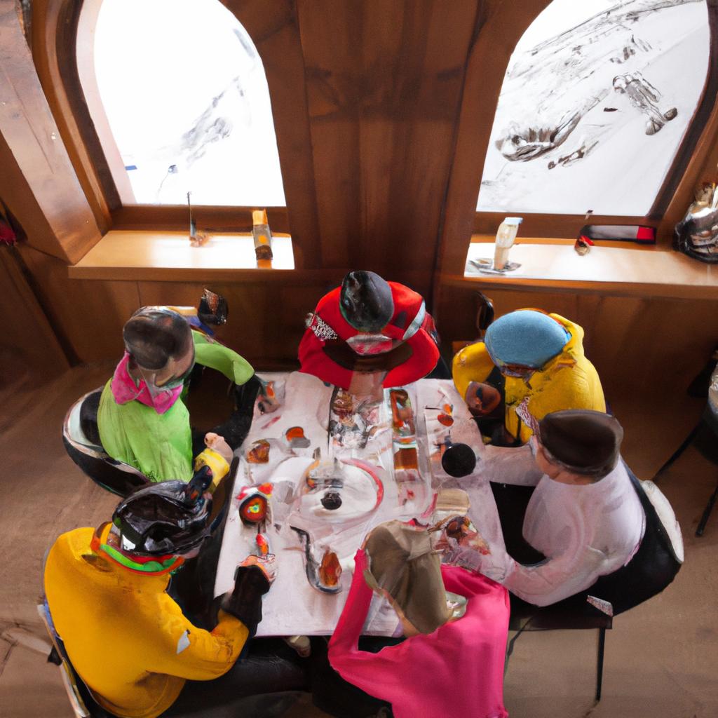 Recharge after a long day of skiing by enjoying a delicious meal in a cozy mountain lodge.