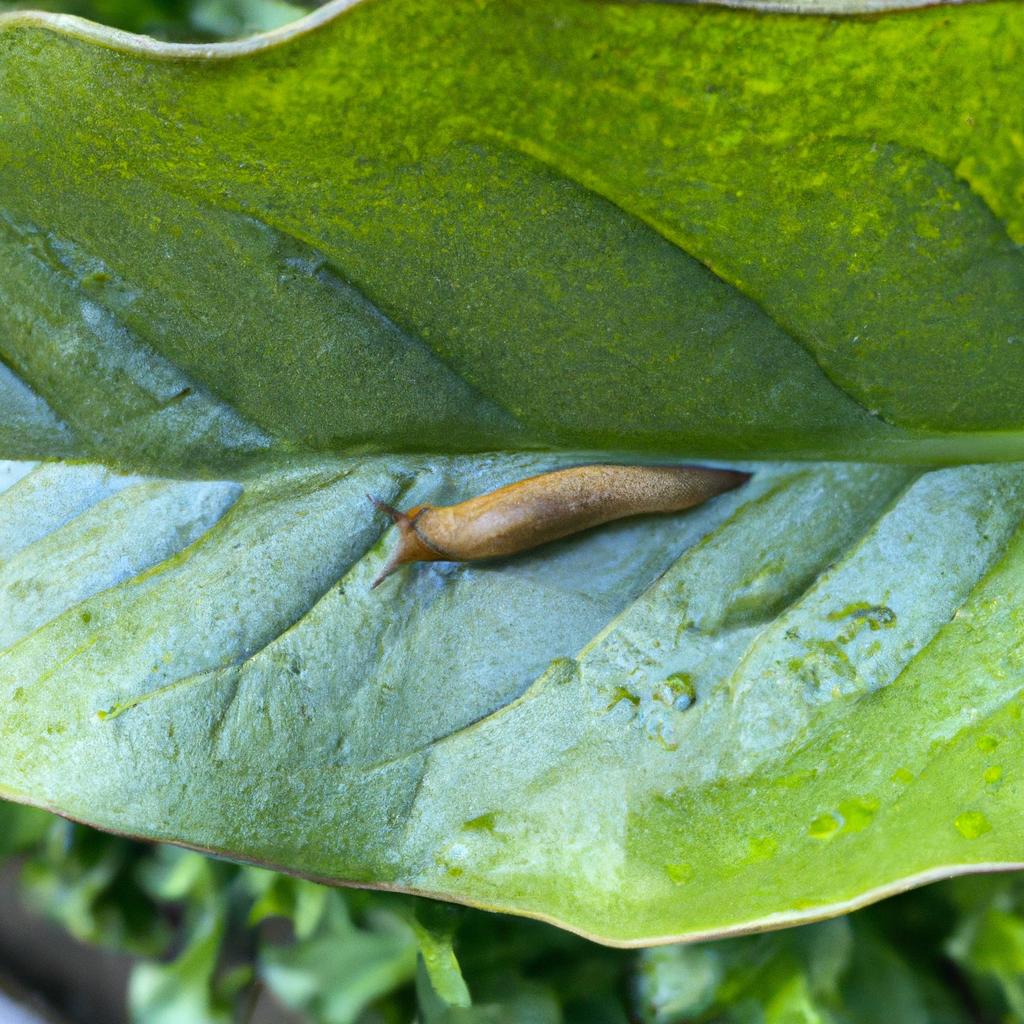 A slimy slug munching on a leaf in the garden