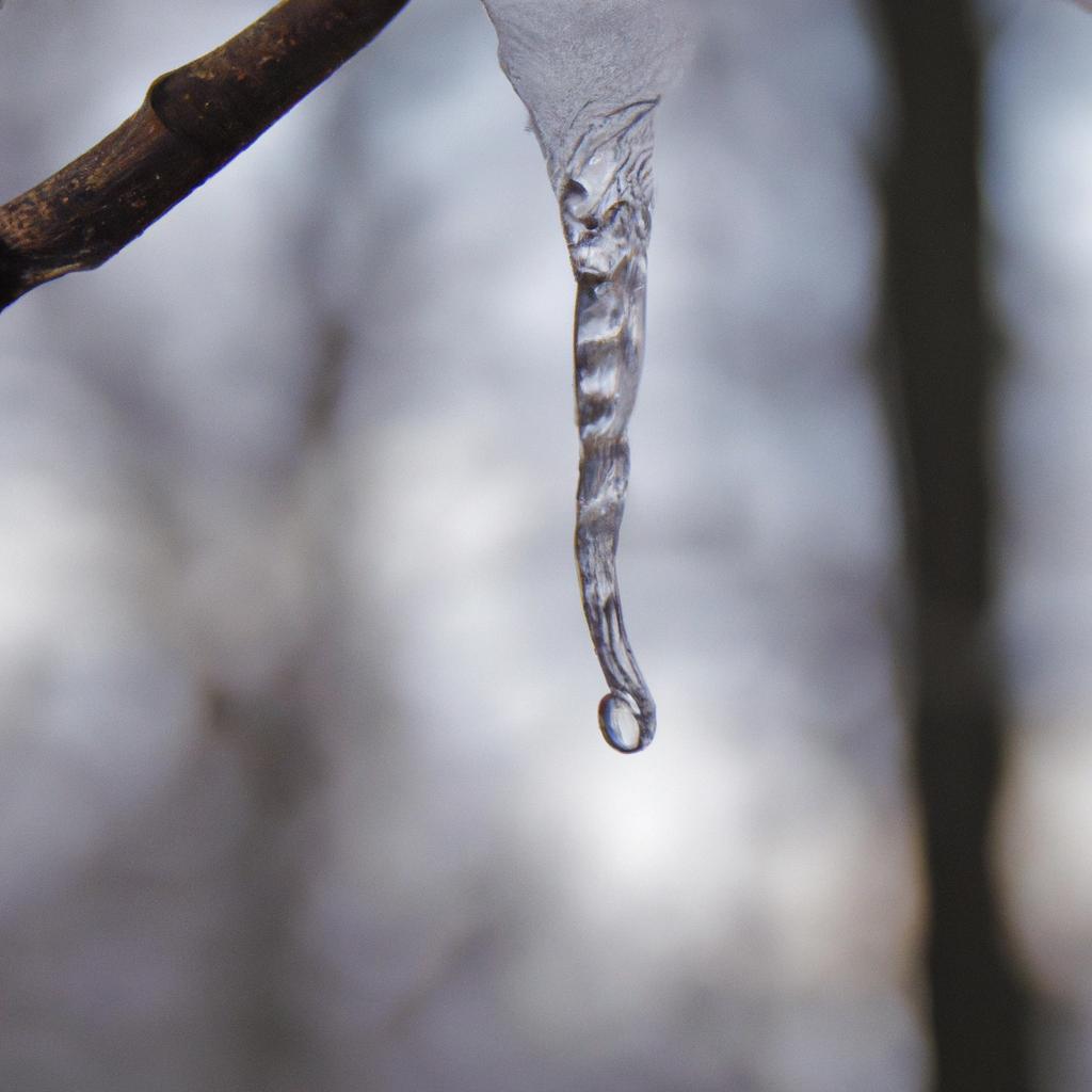 A unique photo of an ice stalactite forming on a tree branch in a winter wonderland