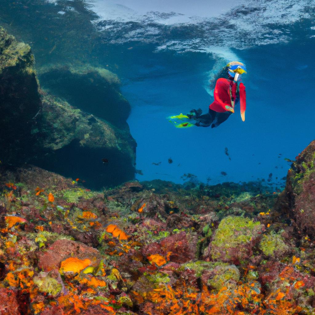 A snorkeler discovering the colorful and diverse marine life around Rabida Island Galapagos.