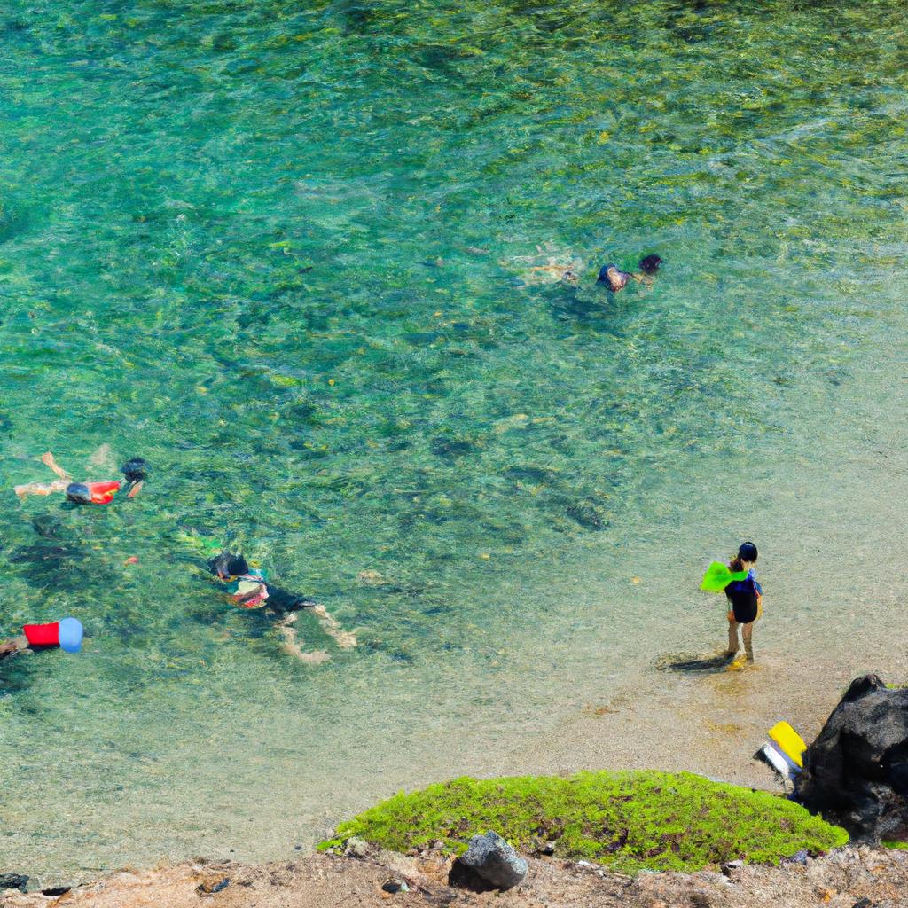 The crystal clear waters of [location]'s green sand beach are perfect for snorkeling.