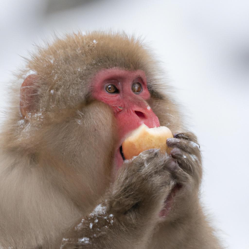 Snow monkey eating fruit in Hokkaido