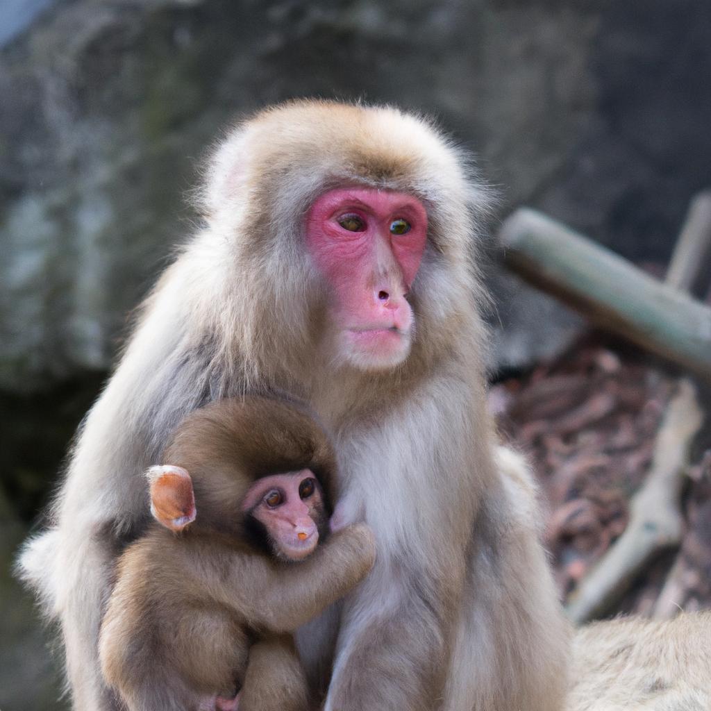 A tender moment between a snow monkey mother and her baby in Nagano