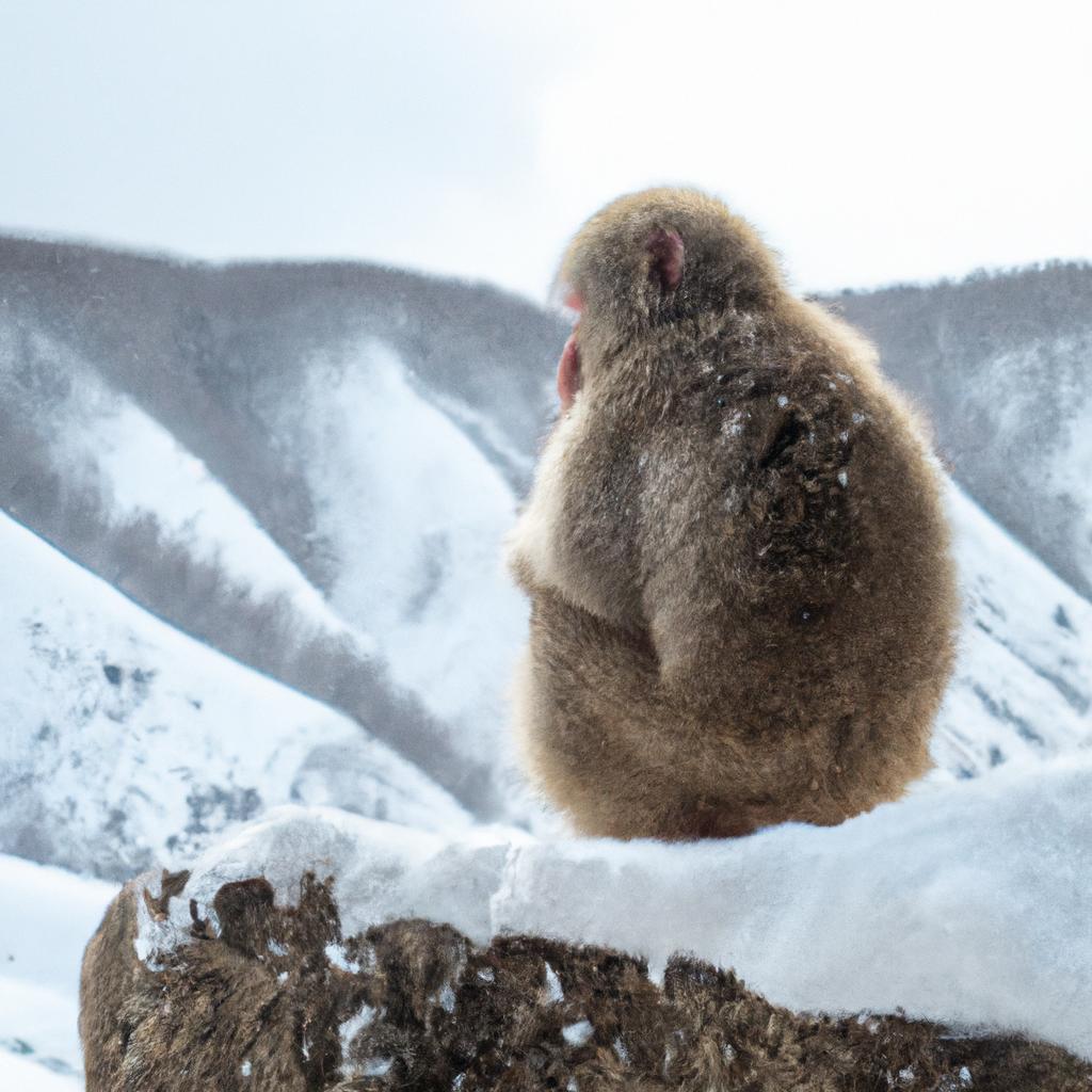 Snow monkeys observing their surroundings in Hokkaido