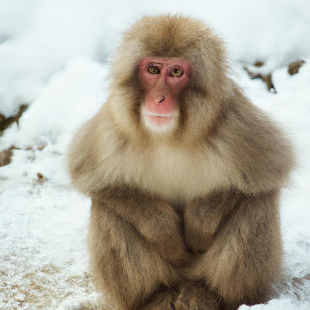 A snow monkey taking a break from playing in the snow in Nagano